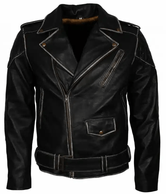 Men's Vintage Biker Leather Jacket In Black