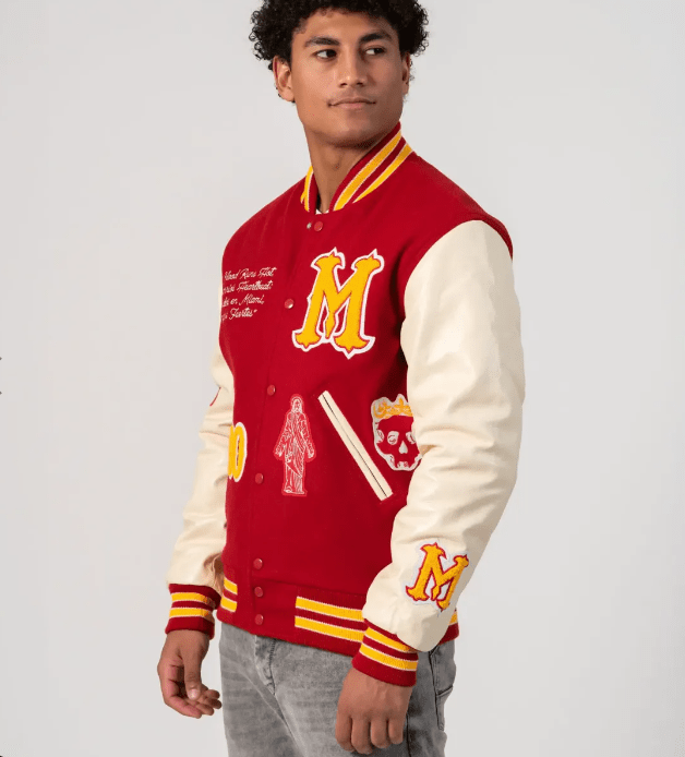 Miami Heritage Varsity Bomber Leather Jacket In Red