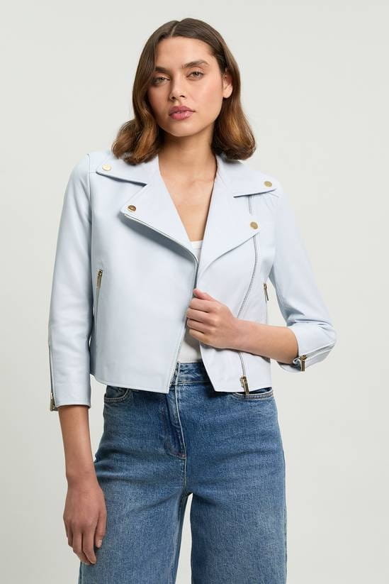 Women's 3/4 Sleeves Leather Biker Jacket In Pale Blue