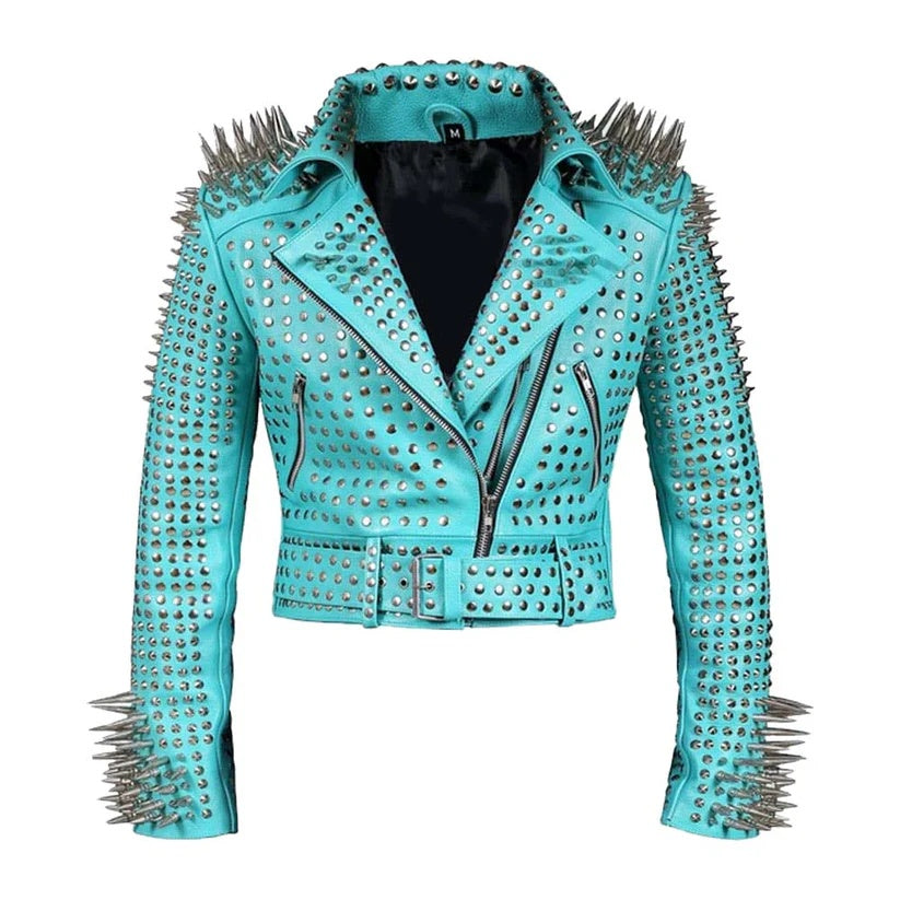Women's Aqua Studded Biker Leather Jacket