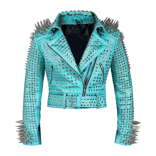 Women's Aqua Studded Biker Leather Jacket