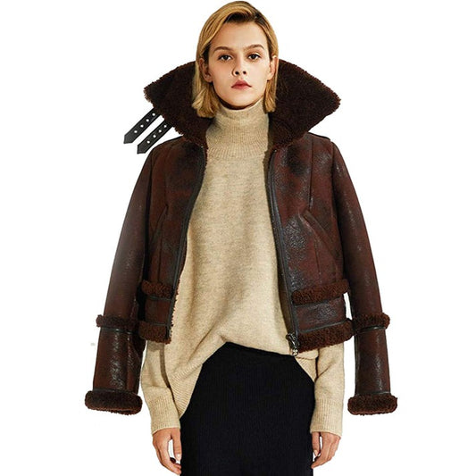 Arcane Fox - Women's B3 Aviator Sheepskin Leather Jacket In Chocolate Brown