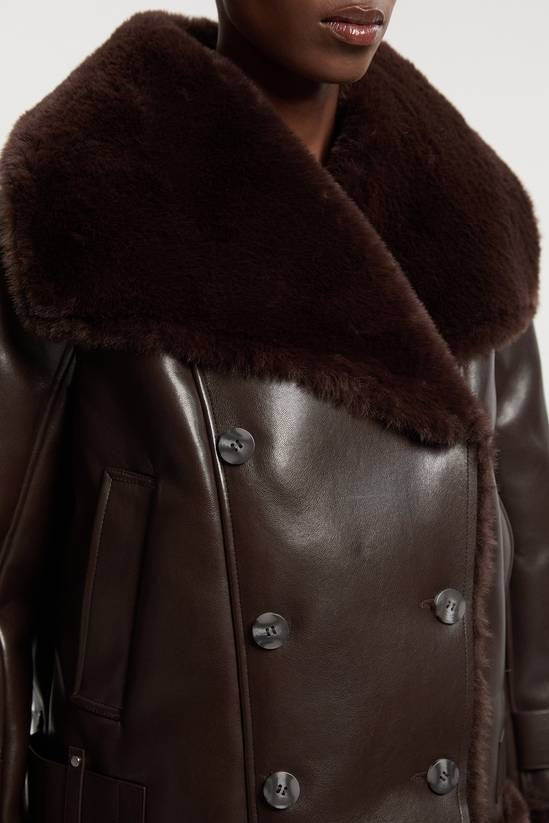 Women's B7 Shearling Chocolate Brown Leather Jacket With Oversized Collar