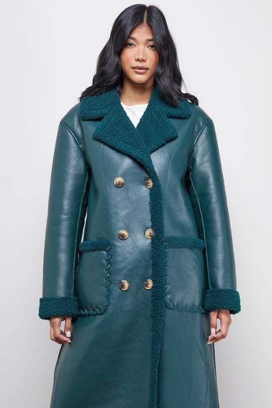 Women's B7 Shearling Trench Leather Coat In Deep Sea Green - Arcane Fox
