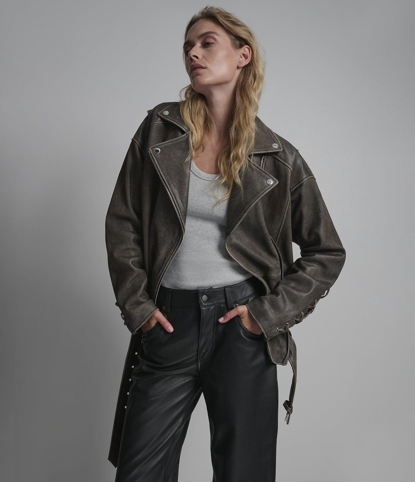 Women's Belted Biker Distressed Leather Jacket - Arcane Fox