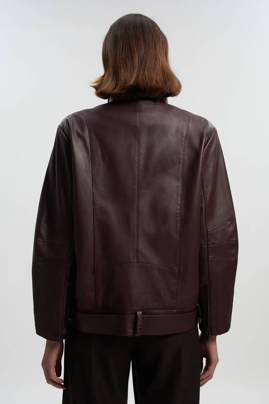 Women's Belted Biker Leather Jacket In Burgundy - Arcane Fox