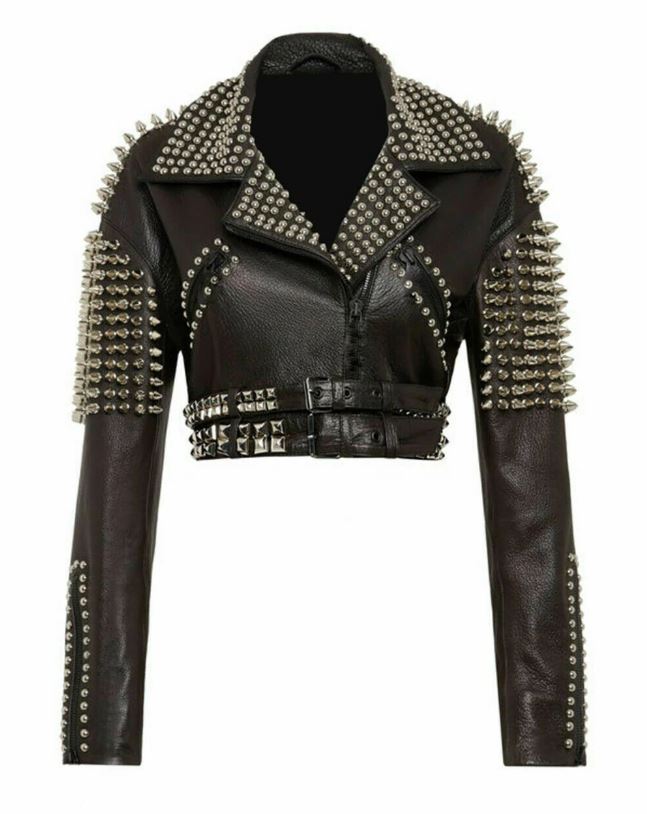 Women's Belted Black Cropped Studded Leather Jacket - Arcane Fox