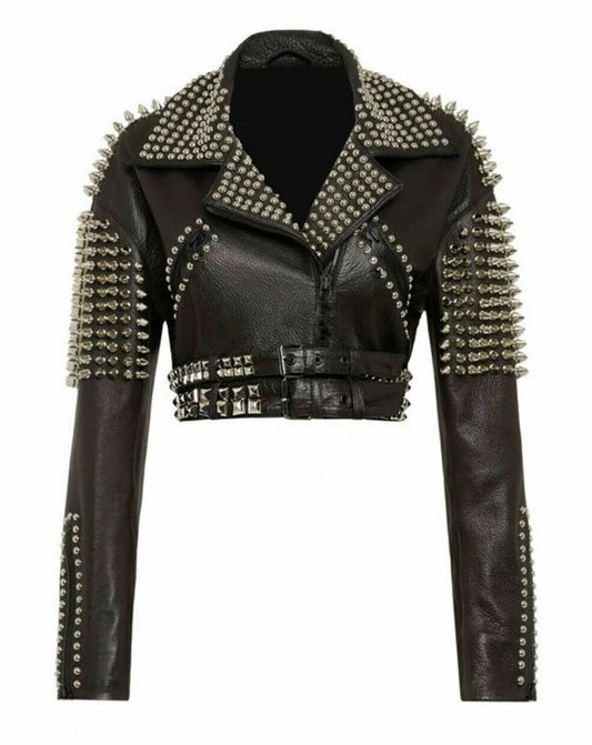 Women's Belted Black Cropped Studded Leather Jacket