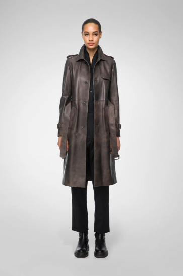 Women's Belted Leather Coat In Coffee Brown