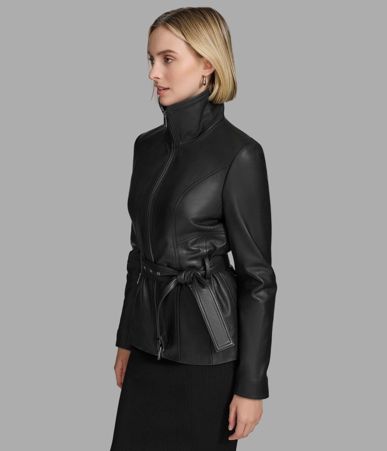 Women's Belted Scuba Black Leather Jacket - Arcane Fox