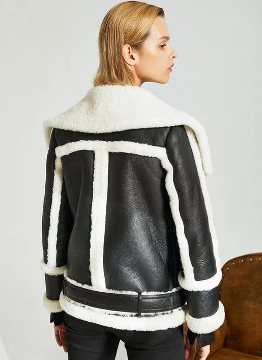 Arcane Fox - Women's Belted Sheepskin Leather Jacket In Black