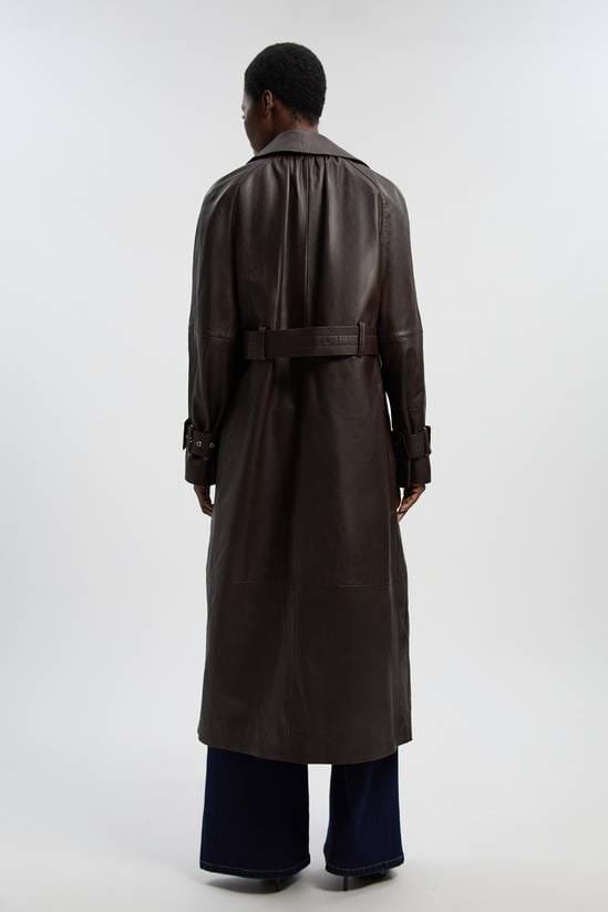 Women's Belted Trench Leather Coat In Chocolate Brown - Arcane Fox