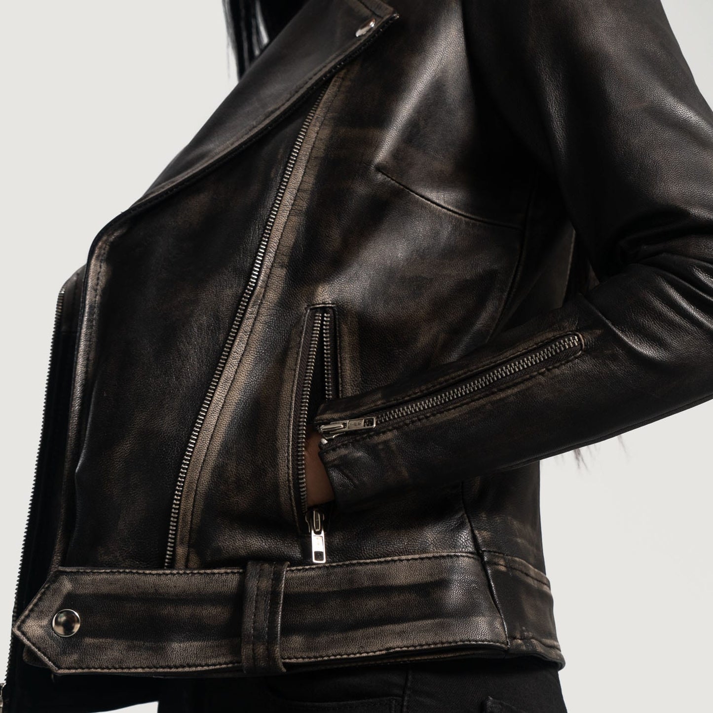 Women's Biker Distressed Leather Jacket In Black