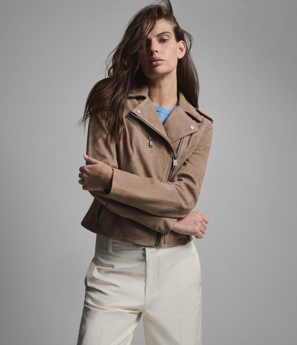 Women's Biker Suede Leather Jacket In Beige - Arcane Fox