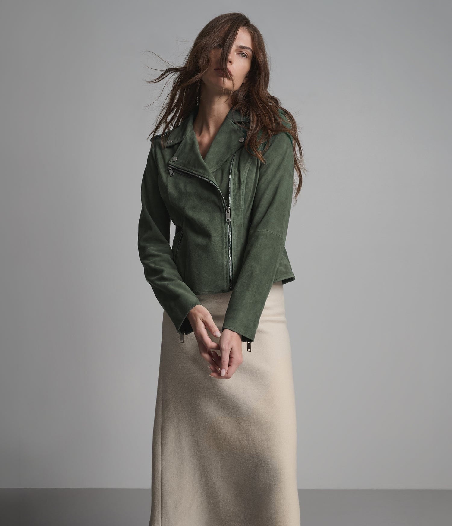 Women's Biker Suede Leather Jacket In Olive - Arcane Fox