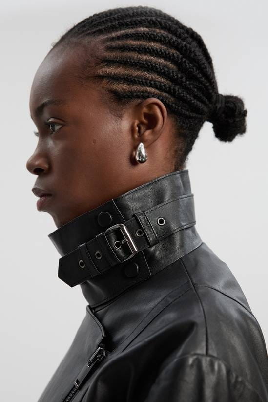 Women's Black Belted Motorcycle Leather Jacket - Arcane Fox