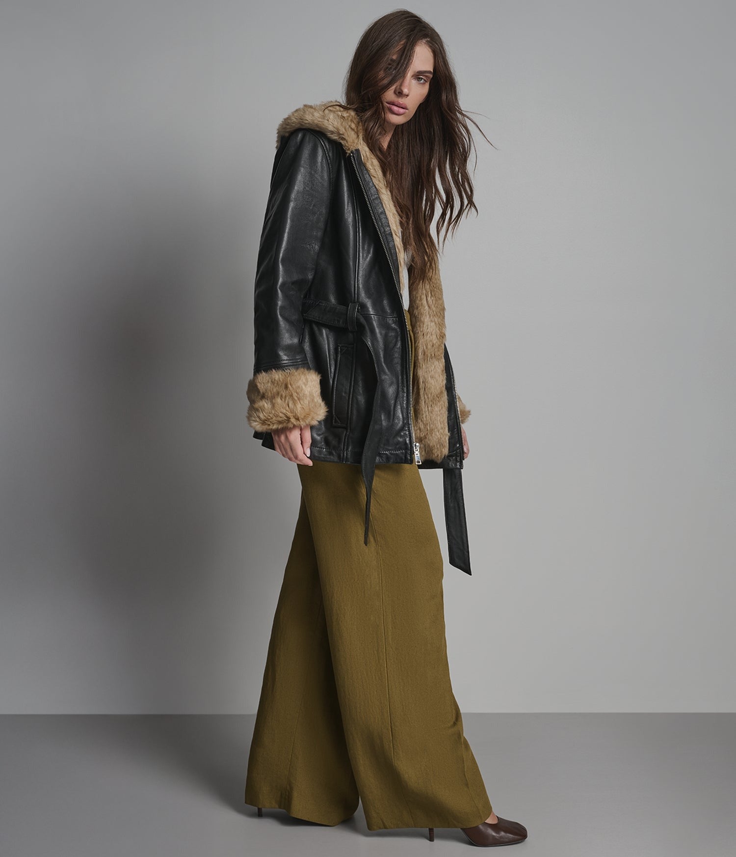 Women's Black Belted Shearling Leather Jacket With Hood - Arcane Fox