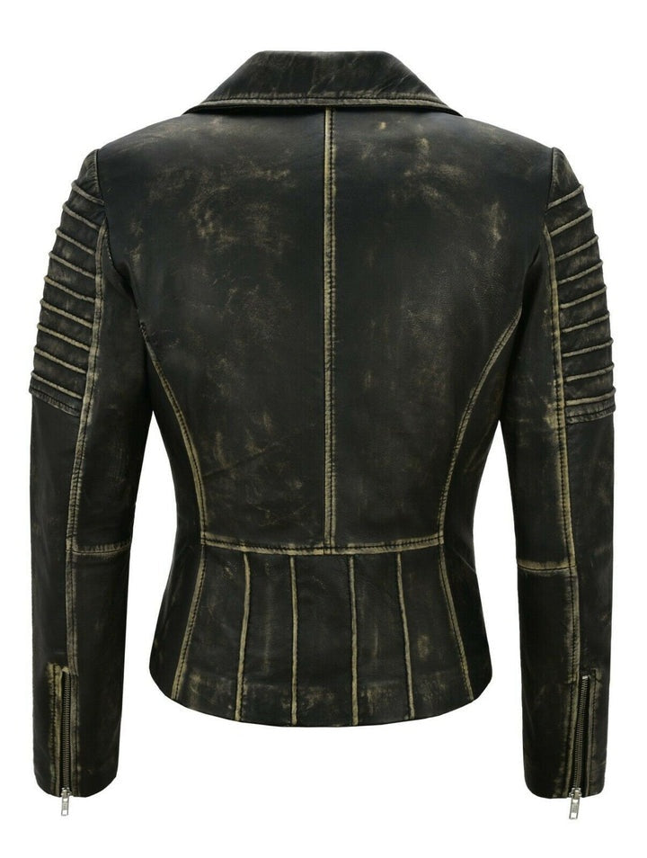 Women's Black Distressed Leather Biker Jacket