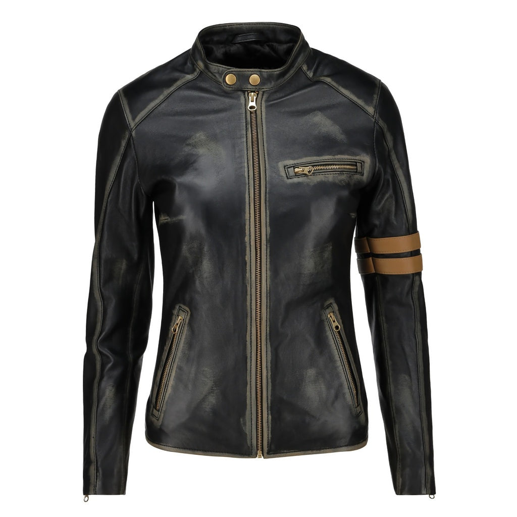 Women's Black Distressed Motorcycle Leather Jacket