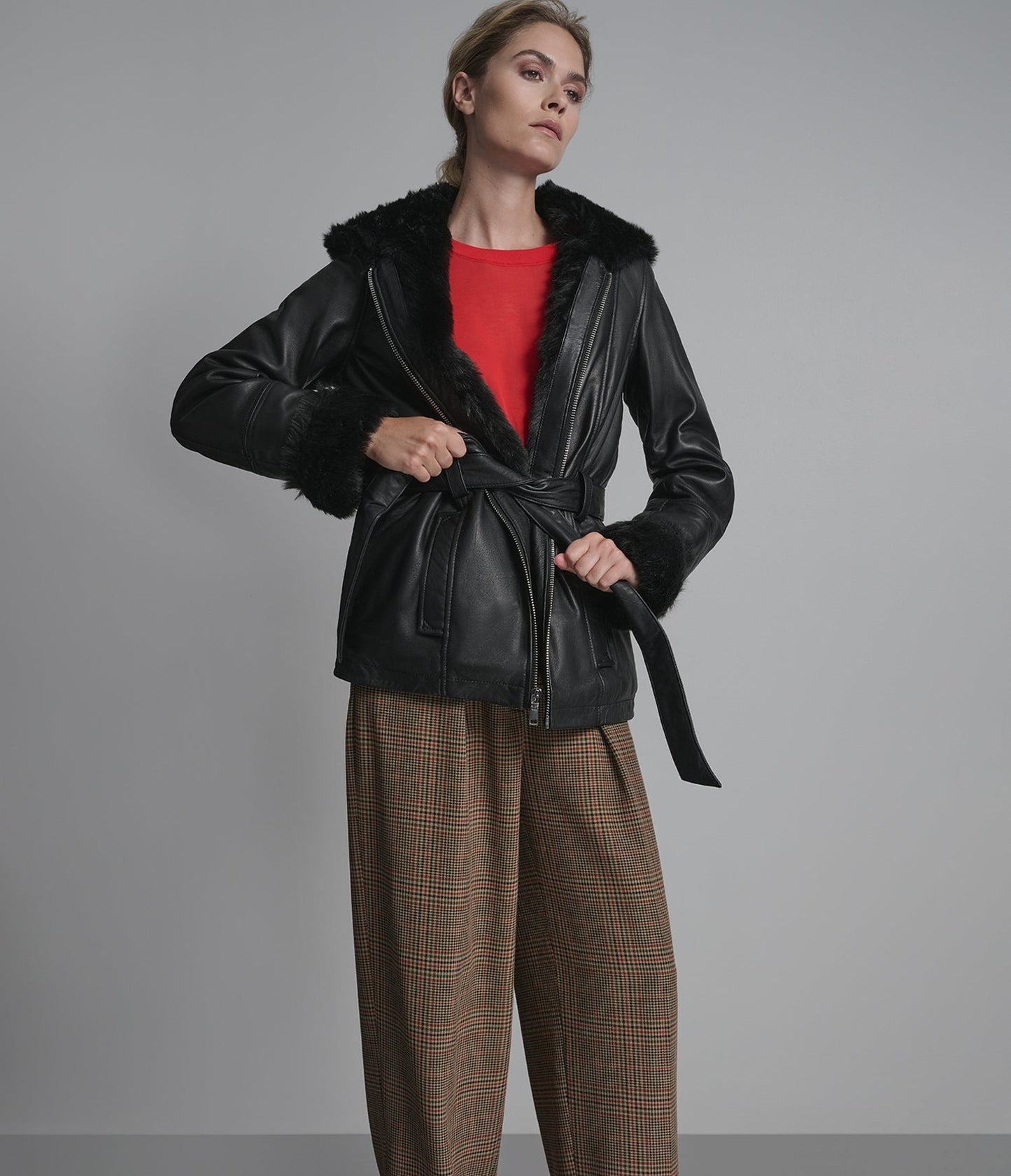Women's Black Hooded Shearling Leather Jacket With Belted Waist - Arcane Fox 
