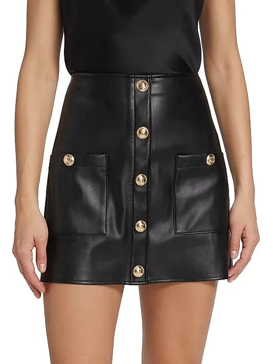Women's Black Mini Leather Skirt With Buttons