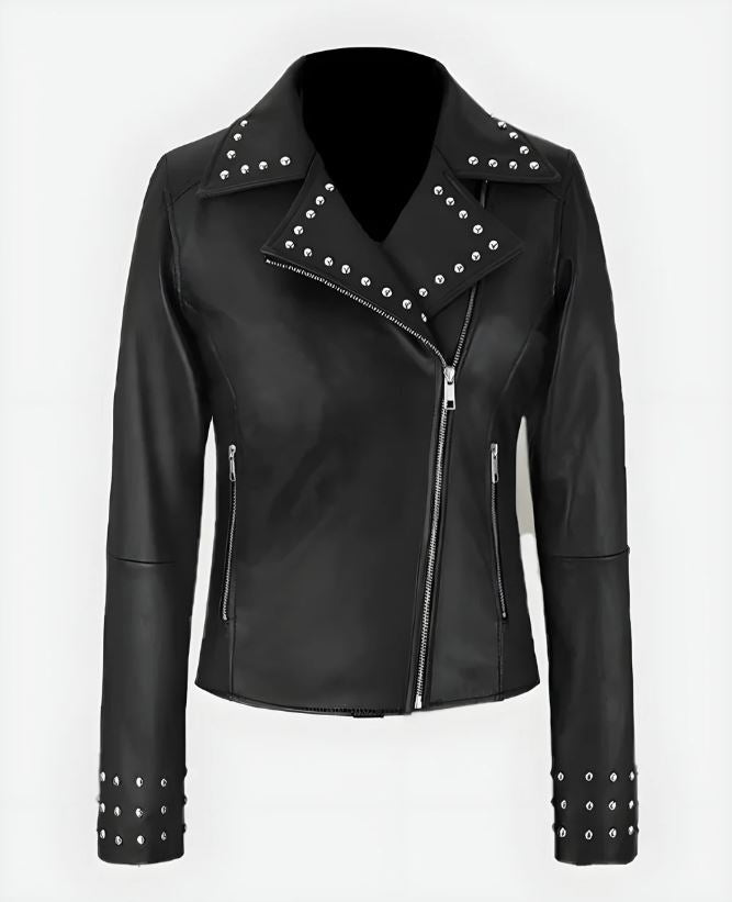 Women's Black Biker Leather Studded Jacket