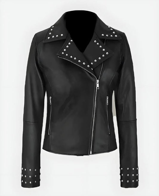 Women's Black Biker Leather Studded Jacket