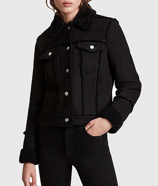 Women's Black Suede Trucker Leather Jacket