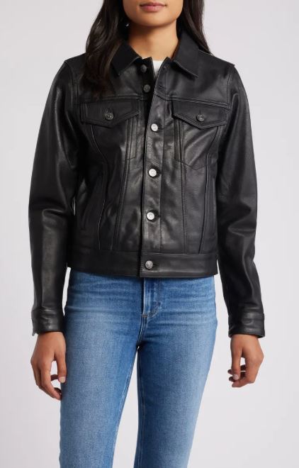 Women's Black Trucker Leather Jacket
