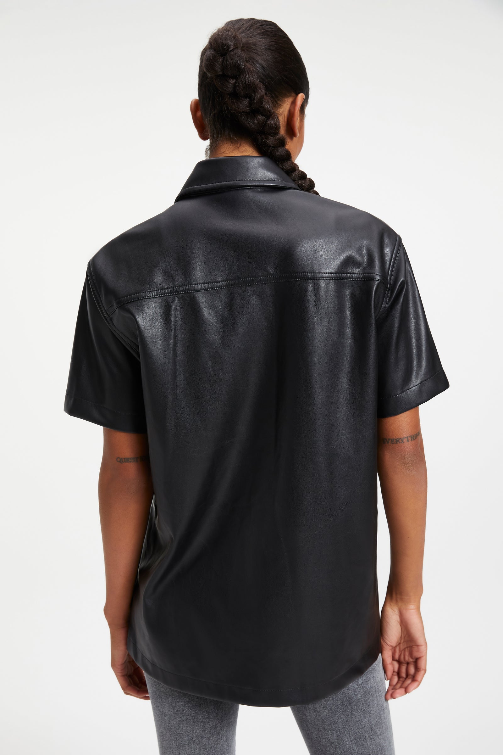 Women's Black Trucker Leather Shirt In Half Sleeve