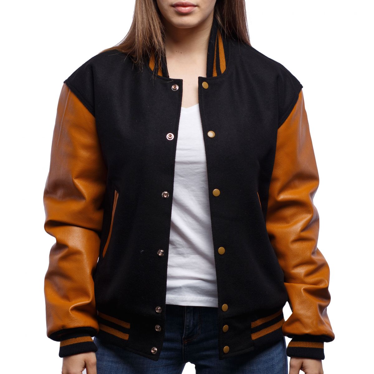 Women's Bomber Varsity Leather Jacket In Black & Brown Sleeves