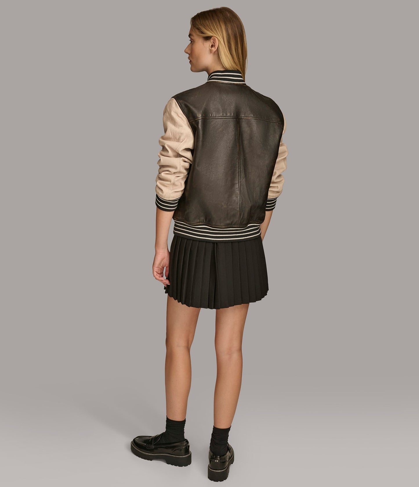 Women's Bomber Varsity Leather Jacket In Chocolate Brown & Beige Sleeves - Arcane Fox