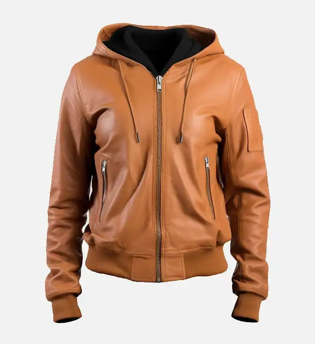 Women's Brown Bomber Hooded Leather Jacket