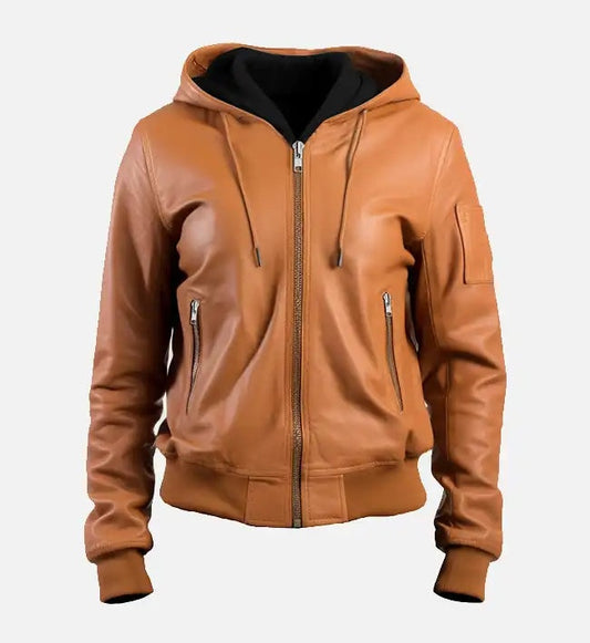 Women's Brown Bomber Hooded Leather Jacket