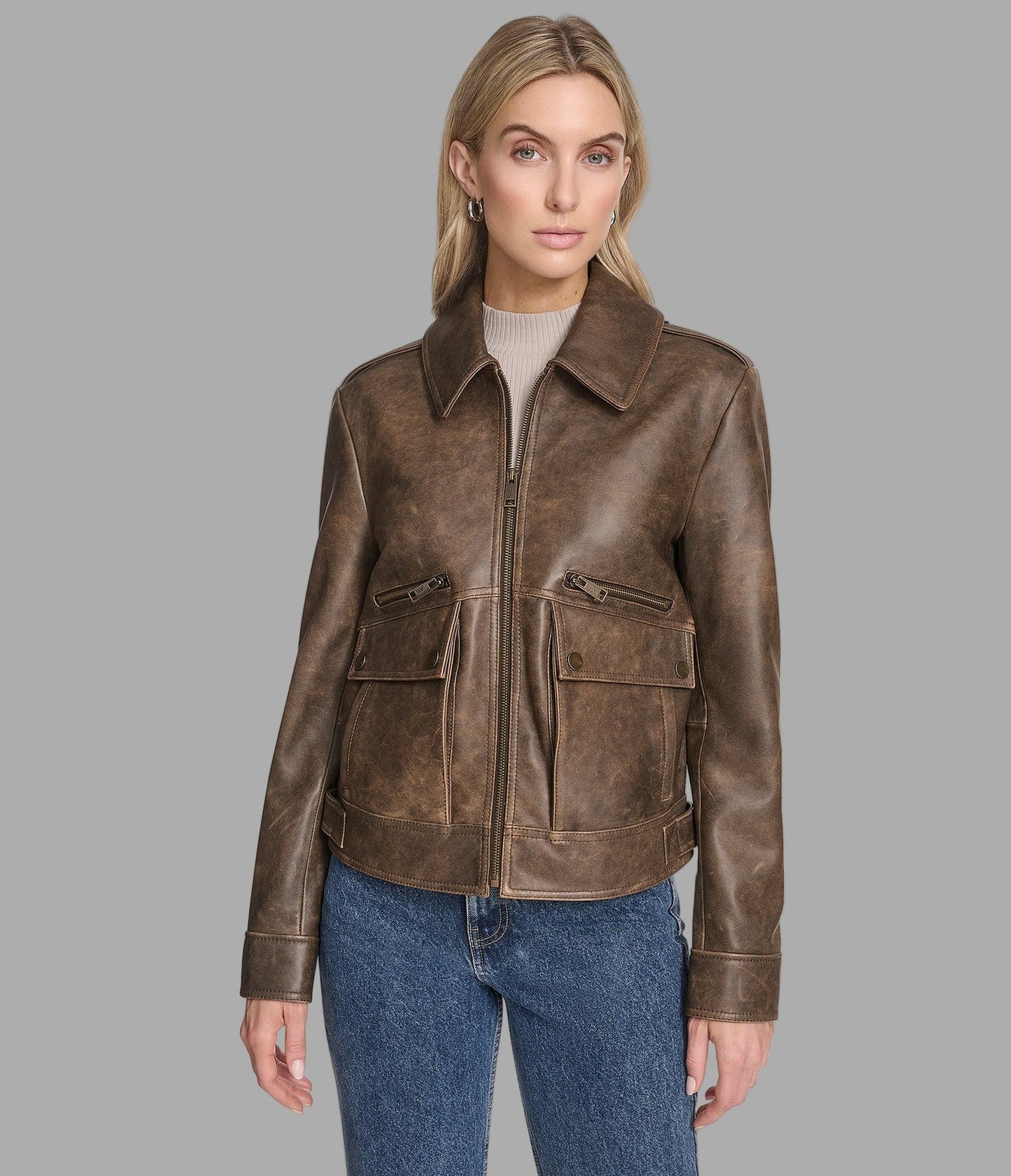 Women's Brown Harrington Distressed Leather Jacket - Arcane Fox