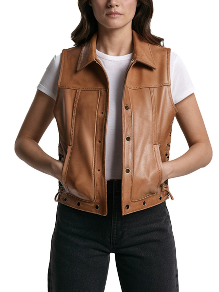 Women's Brown Leather Biker Vest