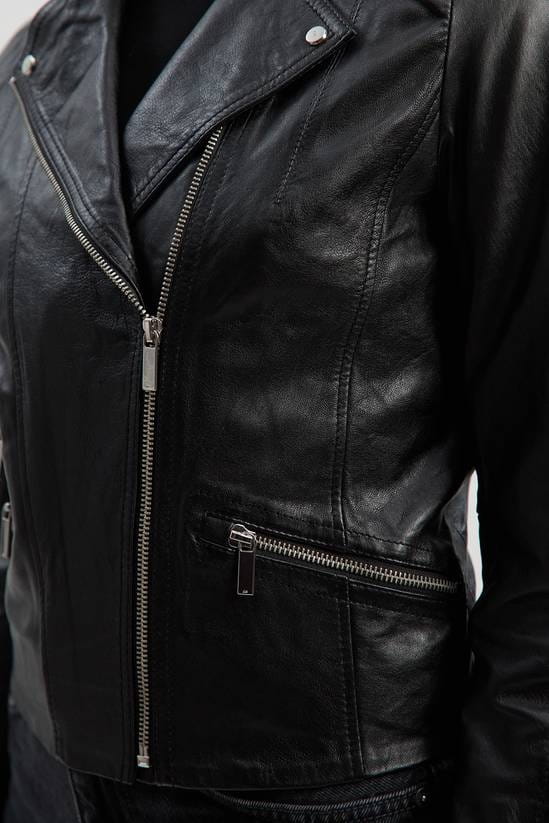 Women's Cafe Racer Biker Leather Jacket In Black - Arcane Fox