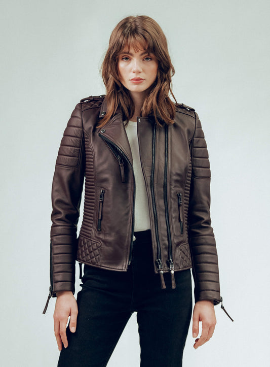 Women's Cafe Racer Leather Biker Jacket In Dark Brown