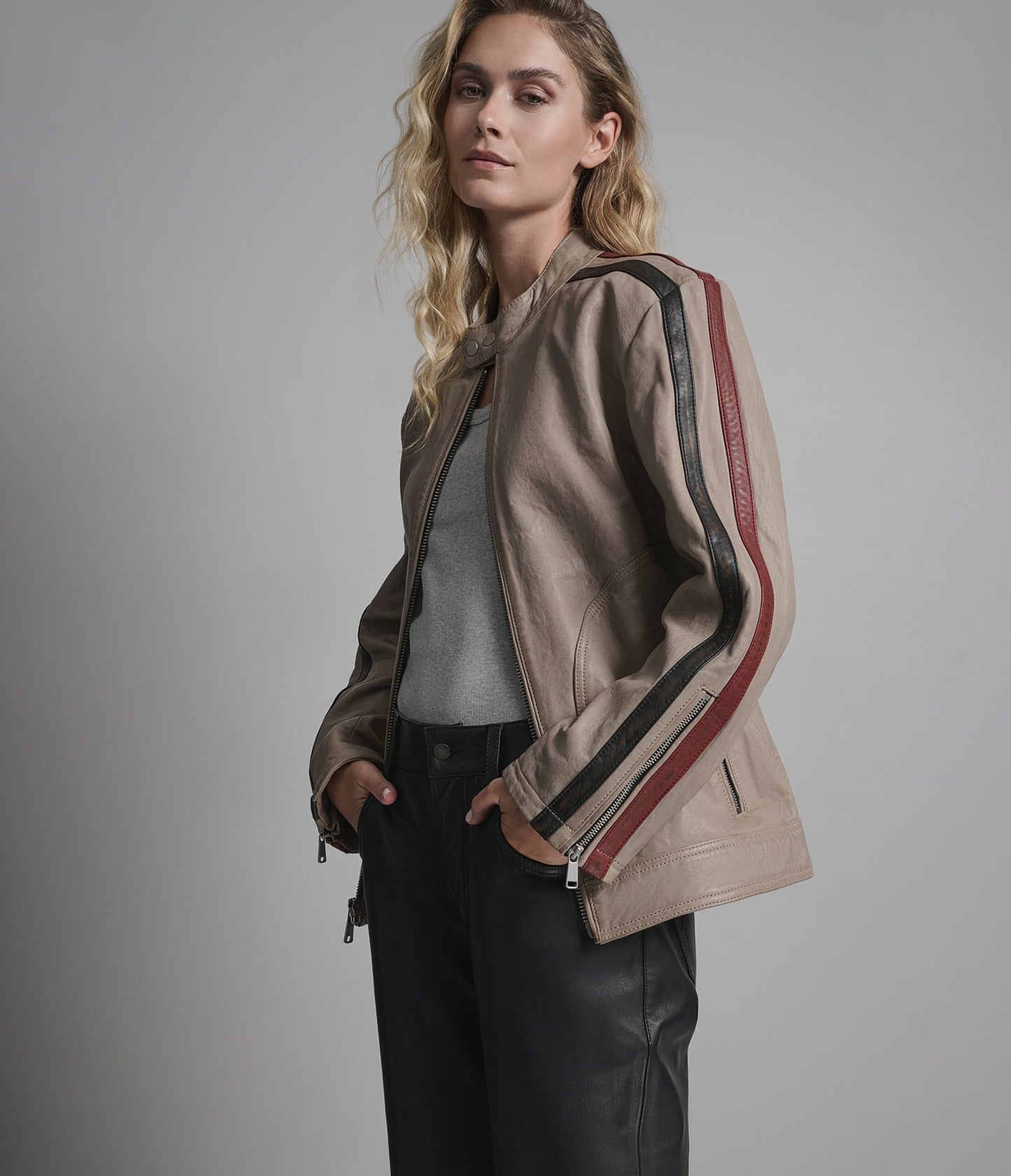Women's Cafe Racer Leather Jacket in Beige - Arcane Fox