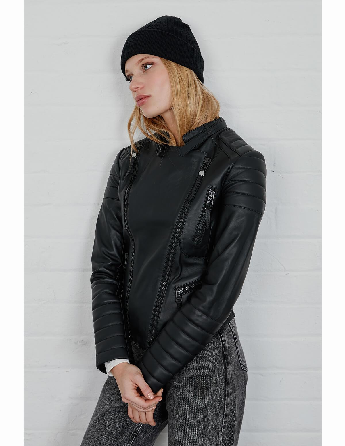 Women's Cafe Racer Leather Jacket In Black