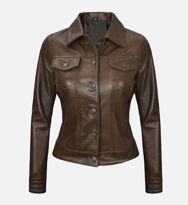 Women's Chocolate Brown Trucker Leather Jacket