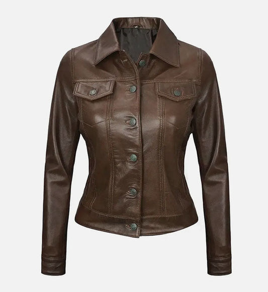 Women's Chocolate Brown Trucker Leather Jacket