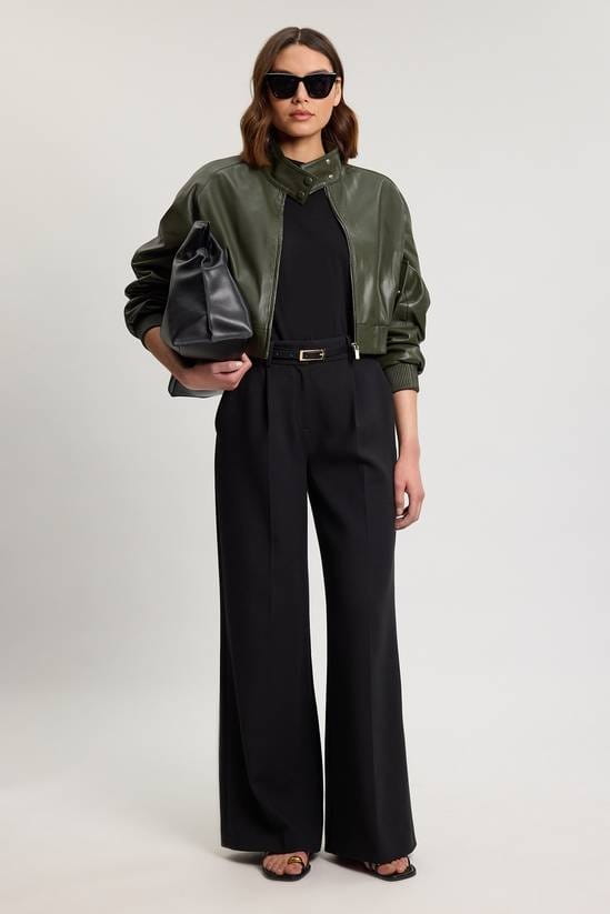 Women's Cropped Bomber Leather Jacket In Dark Green - Arcane Fox