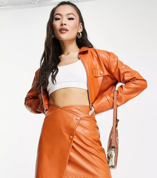 Women's Cropped Full Sleeve Leather Shirt In Orange