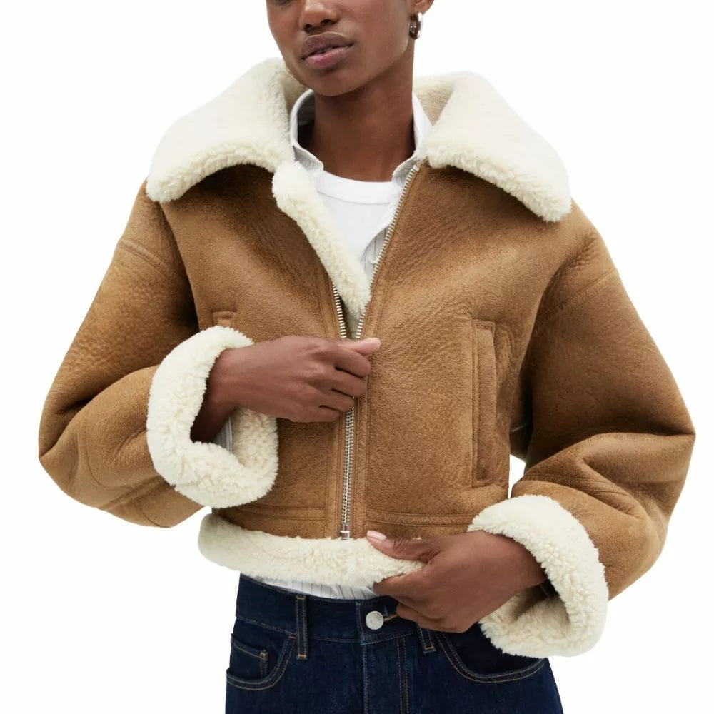Women's Cropped Fur B7 Brown Leather Jacket