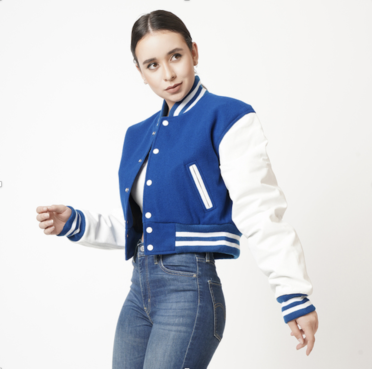 Women's Cropped Letterman Leather Jacket In Blue & White Sleeves