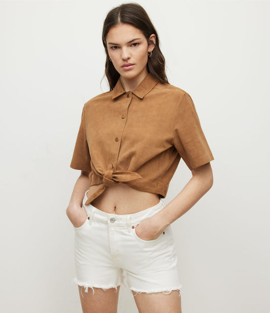 Women's Cropped Suede Leather Shirt In Brown