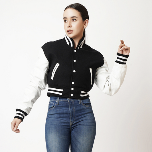 Women's Cropped Varsity Leather Jacket In Black & White Sleeves