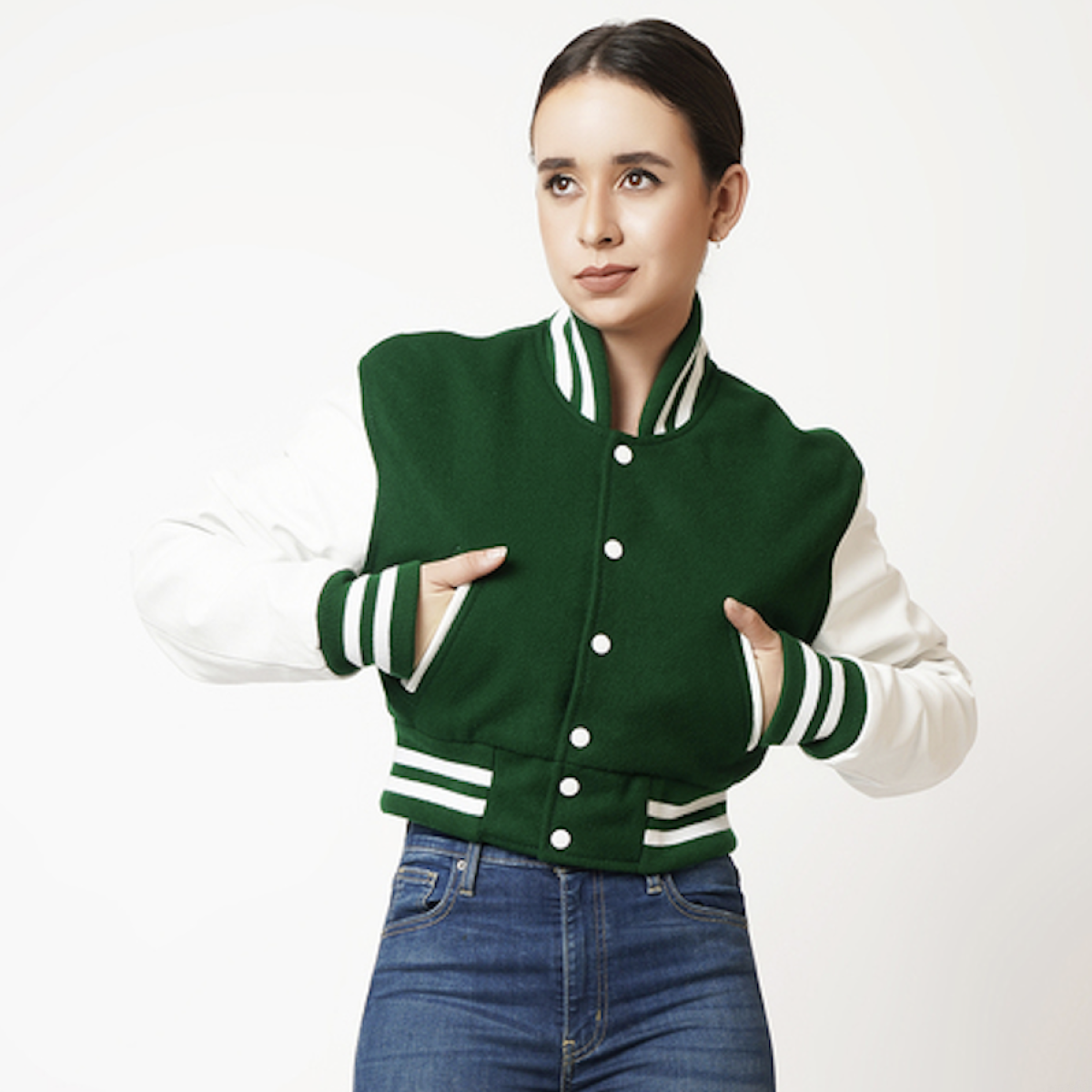 Women's Cropped Varsity Leather Jacket In Green & White Sleeves