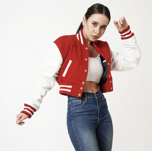 Women's Cropped Varsity Leather Jacket In Red & White Sleeves